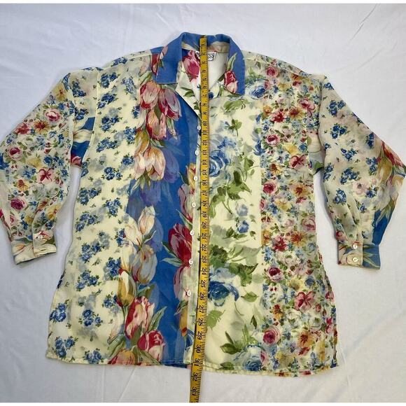 Vintage Sheer Chiffon Blouse Floral Print Boho Garden Button Down S/M - Picture 11 of 11
